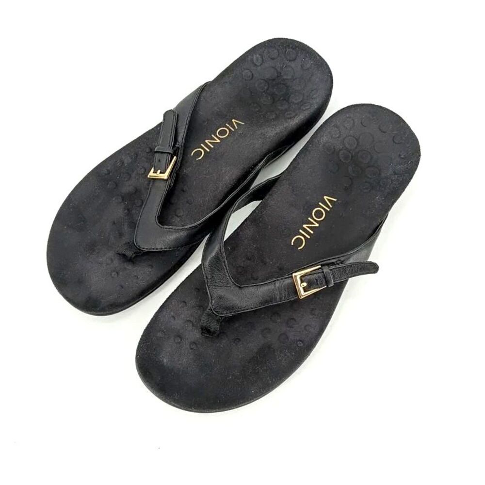 Vionic Kirra Black Leather Thong Sandals Gold Buckle Arch Support 8 Comfort